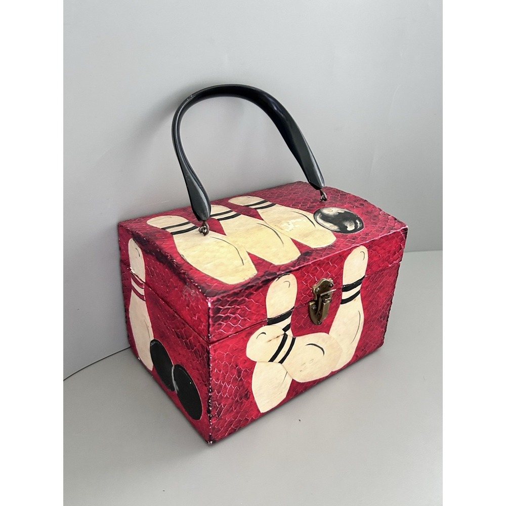 Vintage Rockabilly Bowling Decoupage Wooden Box Purse Handbag Red & Black OOAK! - Picture 2 of 16